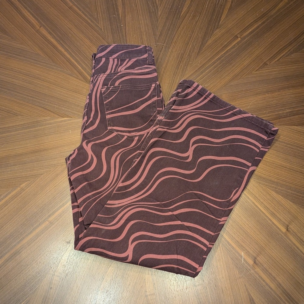 H&M Divided Jeans Women 2 Burgundy Good Wavy Swirl Wide Leg High Rise Retro